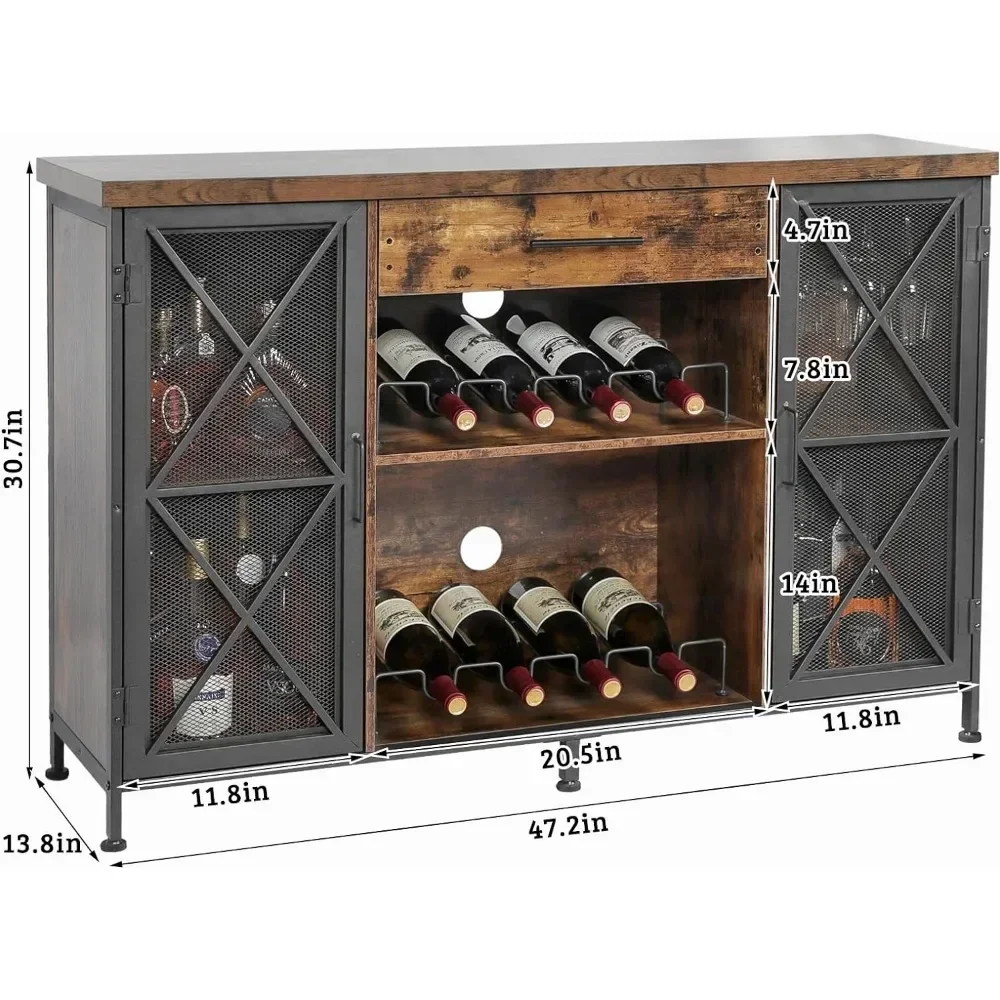 Wine Bar Armário com Wine Rack e suporte de vidro, Farmhouse Coffee Cabinet for Liquor and Glasses, Armário com gaveta