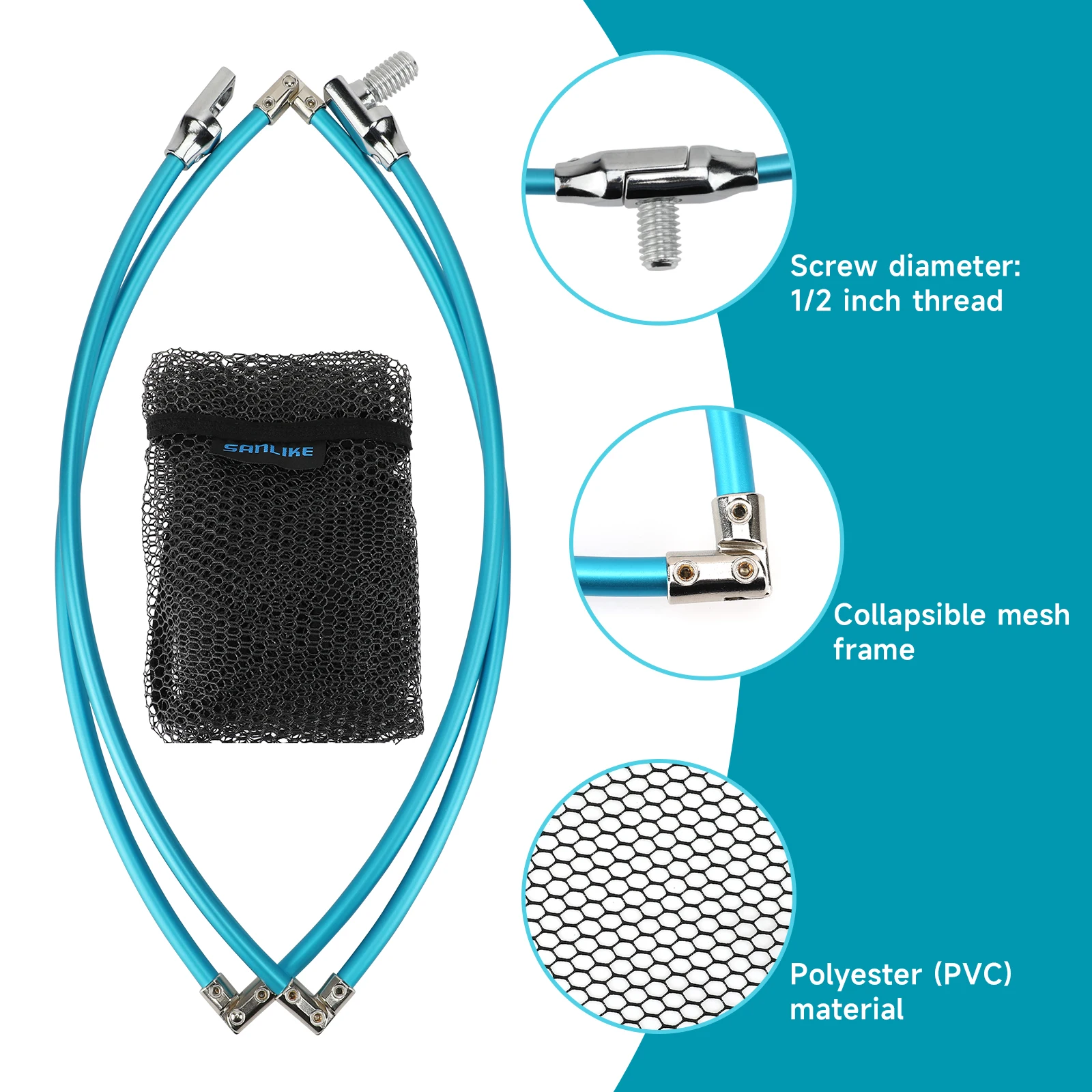 SAN LIKE Folding Fishing Net Frame Rubber Net 12mm Screw Adapter Aluminum Frame, Fishing Net, Folding Bead Frame, Large Dip Net,