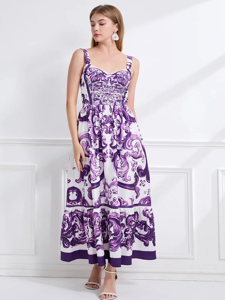 Vestido largo de diseñador de moda de verano para mujer, vestido Sexy con tirantes finos y estampado de porcelana azul y blanca, vestido informal para vacaciones