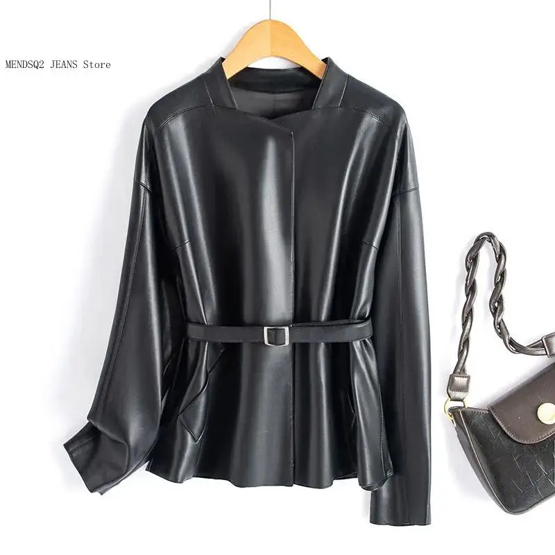 Spring Autumn High Quality Black Genuine Leather Jacket with Sashes Real Sheepskin Coat for Women Causal
