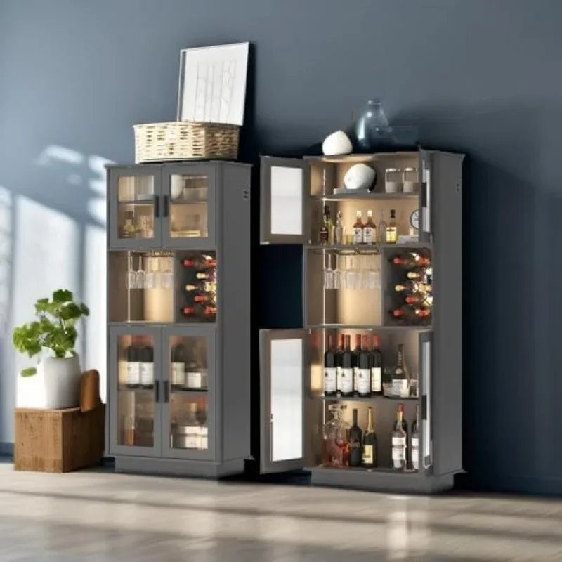 LVSOMT LED Wine Bar Cabinets with Removable Wine Rack, Bar Cabinets for Liquor with Light Motion Sensor, Kitchen Cabinet Storage