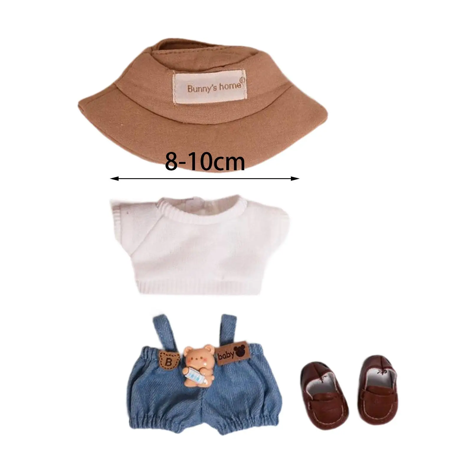 Vêtements beurre en peluche pour filles, 15cm, cadeaux pour filles, jeu de simulation, ensemble salopette en denim et chapeau doux