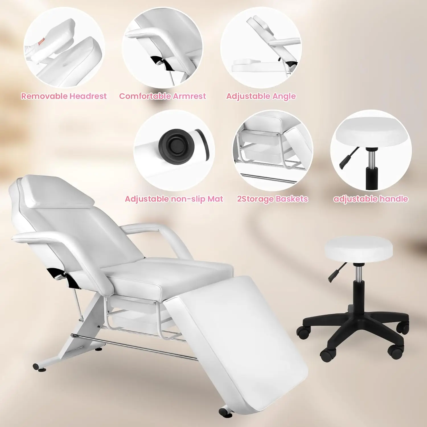 3-Section 70.8-Inch Lash Bed, Facial Bed Massage Table Adjustable Tattoo Chair, Multi-Purpose Facial Bed Table, Salon Chair