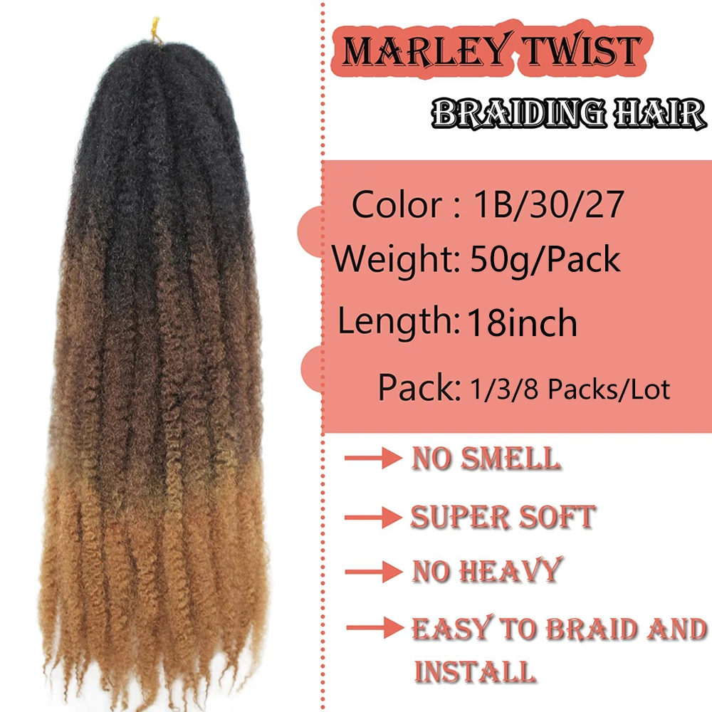 18인치 말리 트위스트 브레이딩 헤어 8팩 말리 헤어 크로셰 브레이드 옴브레 스프링 시 합성 아프로 킨키 트위스트 크로셰 헤어