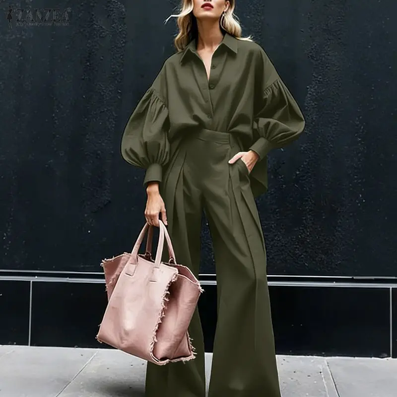 ZANZEA Women's Elegant Chic Pant Suits Lantern Sleeve Shirt & Wide Leg Pant 2 Pieces Sets Oversized Pant Sets Outfits Streetwear