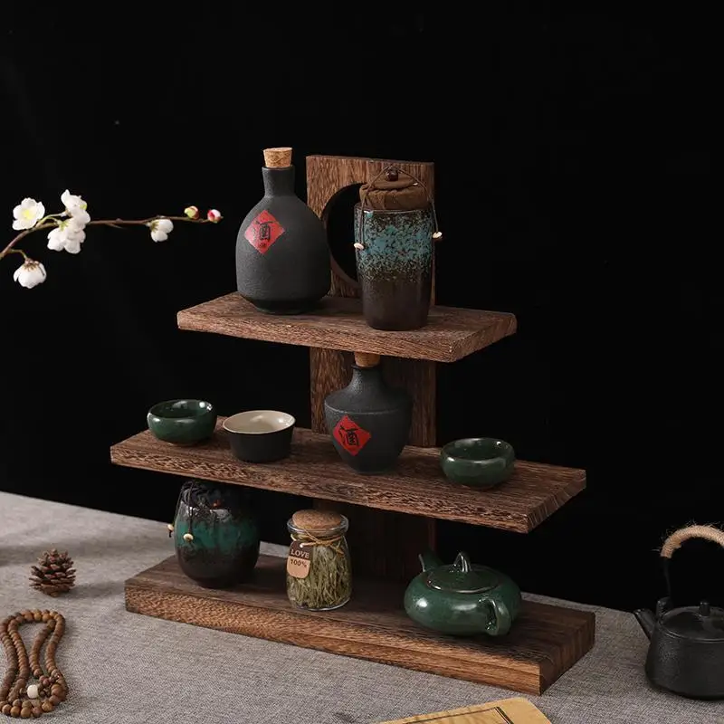 Bogu rack Small multi-layer desktop solid wood retro tea set ornament Household teacup rack Teapot rack Shelf display