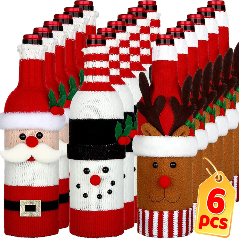 6/1pcs Christmas Wine Bottle Covers Santa Claus Snowman Knitted Woven Wine Bottle Bags for Xmas Party Dinner Table Decor Gifts