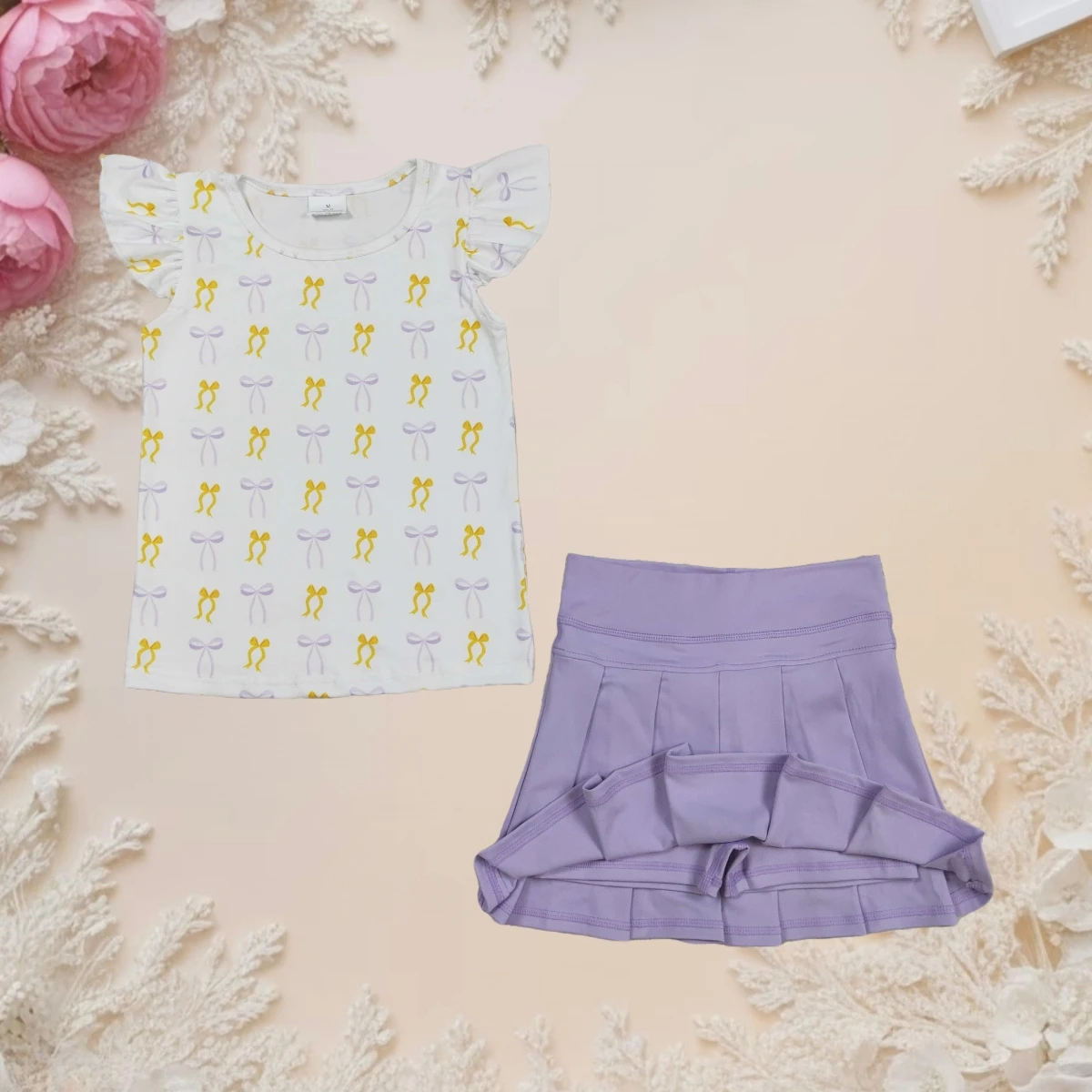 

Girls Yoga Set 2 Pieces Athletic Outfit Flutter Sleeve Top & Skort Toddler Baby Summer Active Clothes Yellow Lavender Bows Plaid