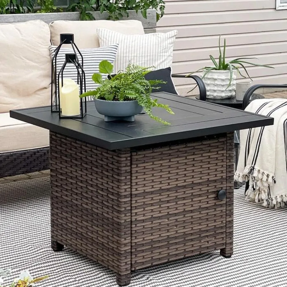 

Sophia & William 32 Inch Gas Fire Pit Table Outdoor Rattan Propane Fire Table & Fireplace with Fire Glass, Lid, 50,000 BTU Firep