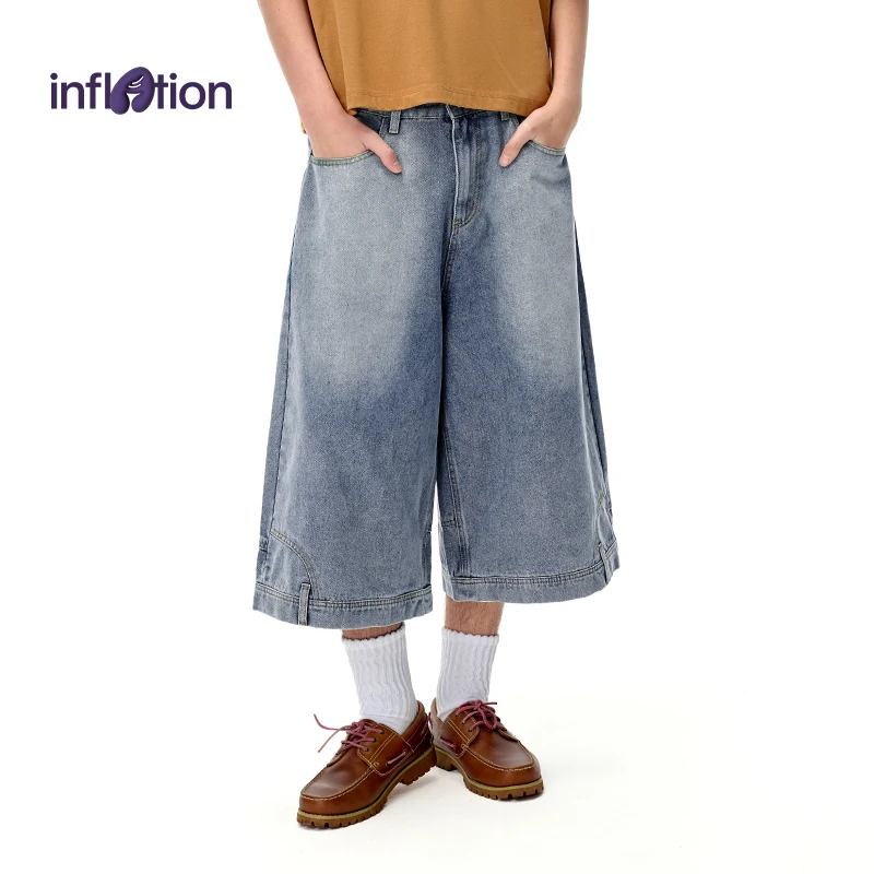 

INFLATION Deconstructed Washed Denim Shorts Streetwear Trendy Straight-Leg Short Pants