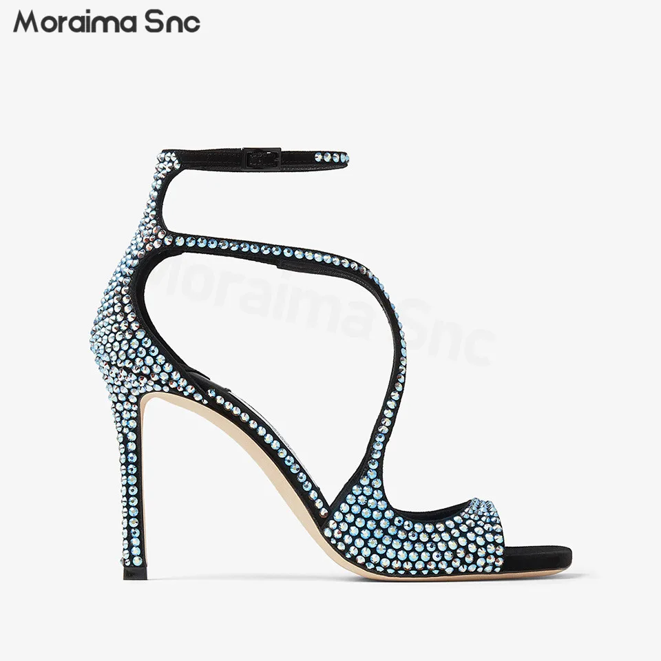 Rhinestone Cross Word Buckle Sandals Summer New Style Open Toe Stiletto Fish Mouth Square Head Temperament Women's Shoes