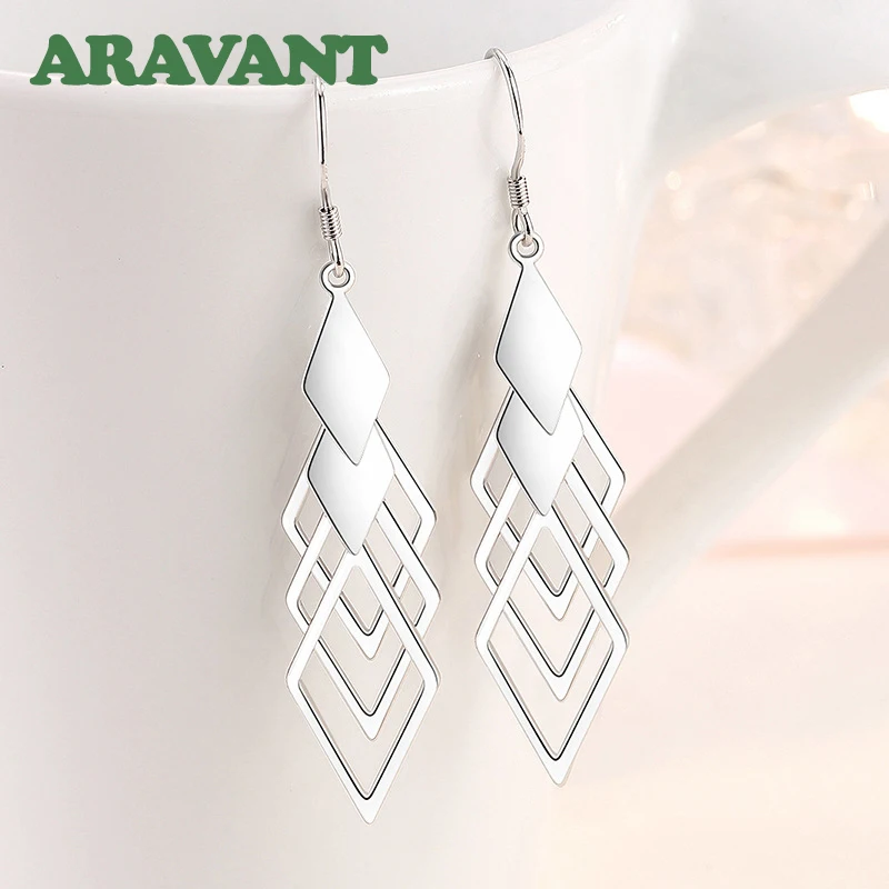 Aravant 925 Silver Hollow Geometric Long Drop Earrings For Women Fashion Jewelry