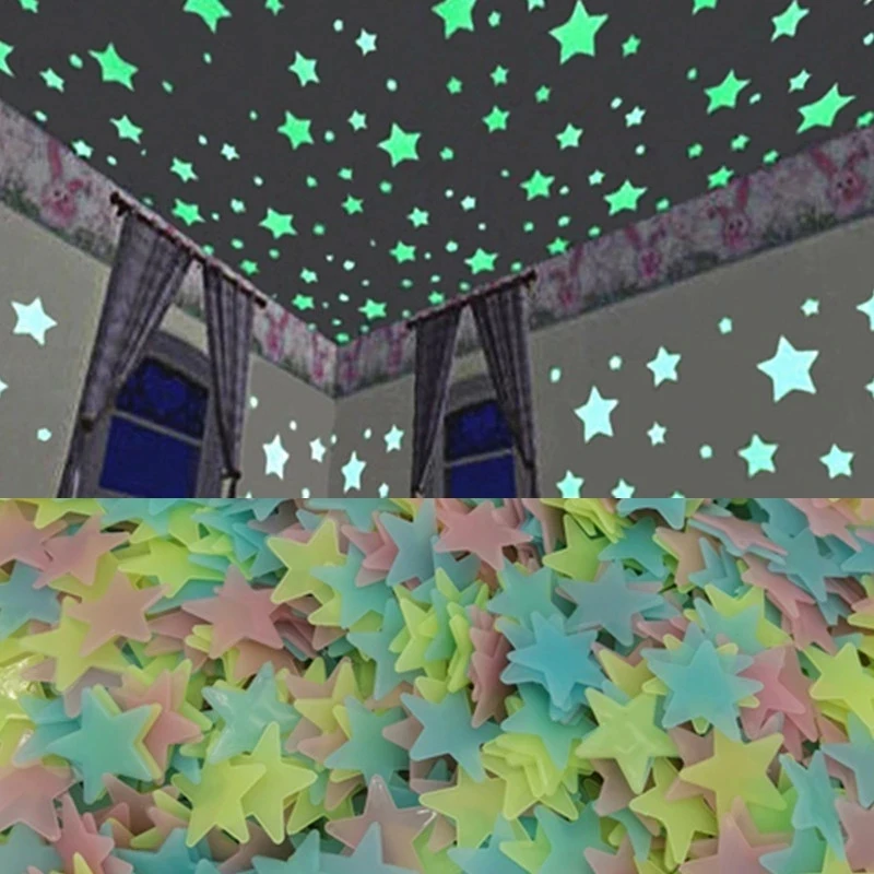 100pcs/lot 3D Stars Glow In The Dark Wall Stickers Energy Storage Stars For Kids Baby Room Bedroom Ceiling Home Decor