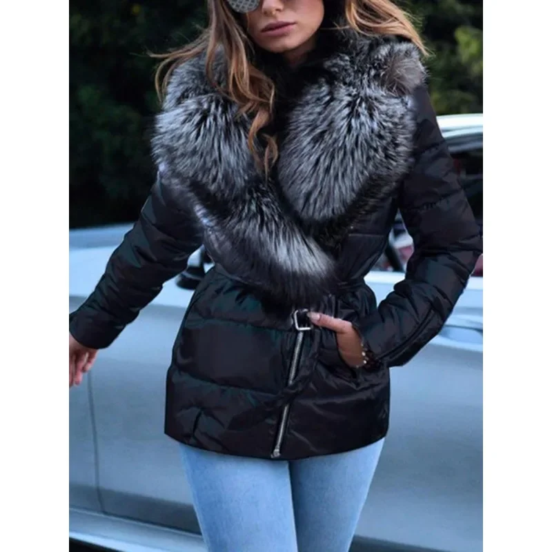 Women Fashion Fake Fur Jacket Winter Warm Coat With Belt Slim Fit Wadded Parka Down Coat Long Coat Windproof Outwear