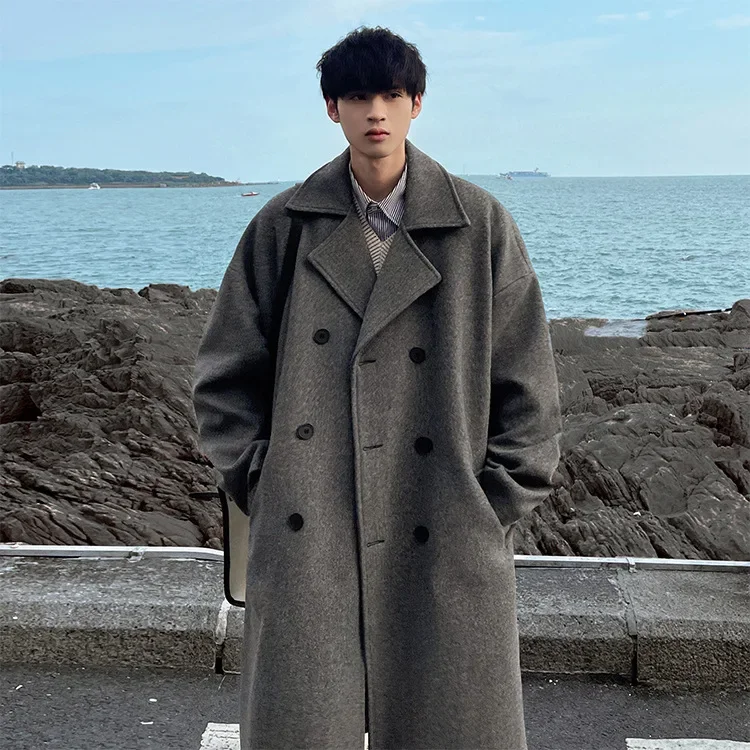 

Winter Woolen Coat Men's Medium and Long Knee-length Suit Collar Double-breasted Woolen Trench Coat, Thickened Ins Trend