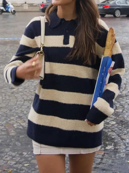 2025 Autumn and Winter Leisure Vacation Color Blocked Woolen Coat Sweater Women's Clothing