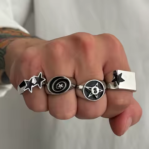 4 Pcs Punk Black Star Rings Set for Women Men Fashion HipHop Silver Color Geometric Thick Finger Ring Y2K Unisex Jewelry Gifts