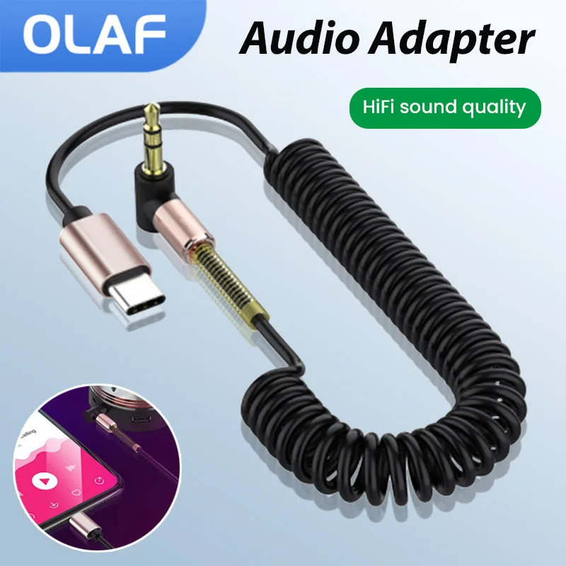 Type C to 3.5mm Jack Audio Cable Male to Male Audio Aux 3.5 mm Cord Spring Retractable Extension Line For Car Speaker Headphones