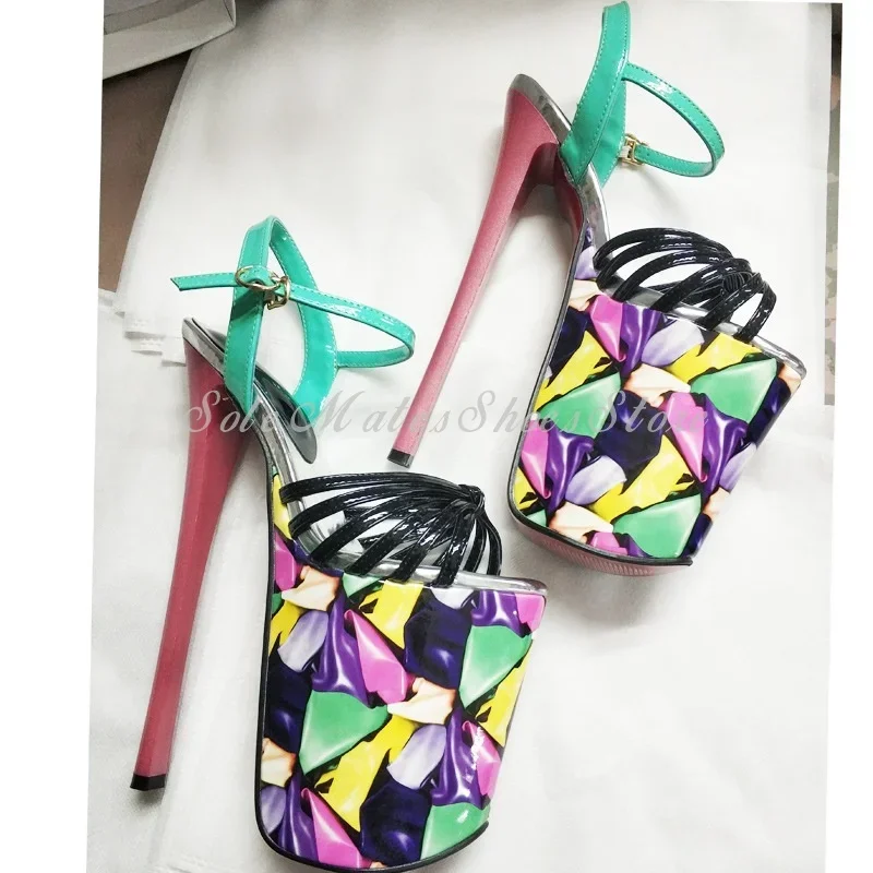 

Hot Chick Mixed Colors Platform Women's Sandals Super High Heel Thick Bottom Buckle Pole Dance Shoes 22cm Colorful Modern Pumps