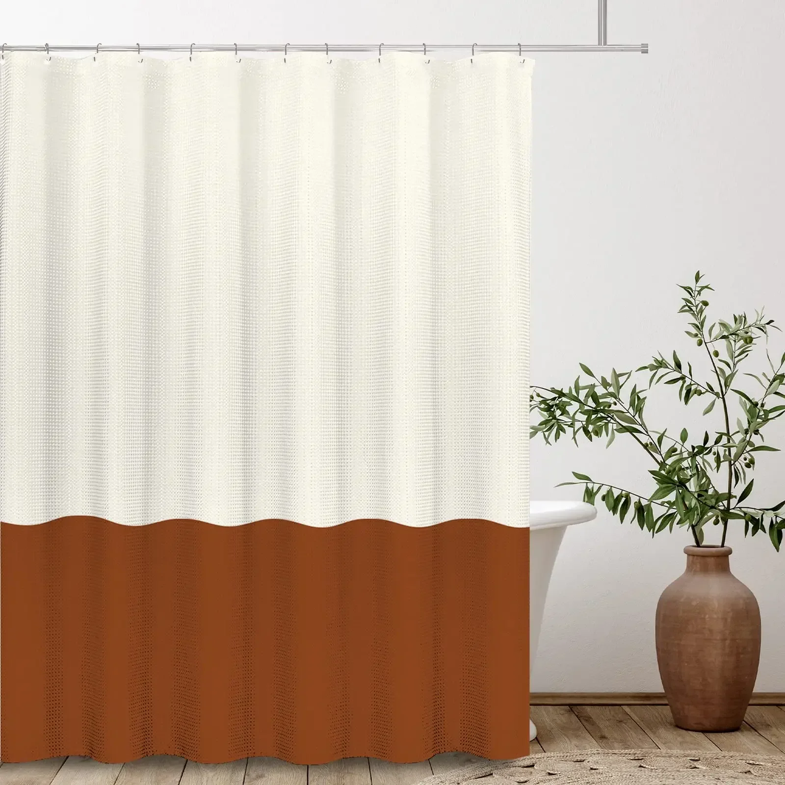 White Sage Green 2 Color Splicing Shower Curtain, Texture Fabric Bathroom Decor Waterproof Fabric Shower Curtian Sets with Hooks