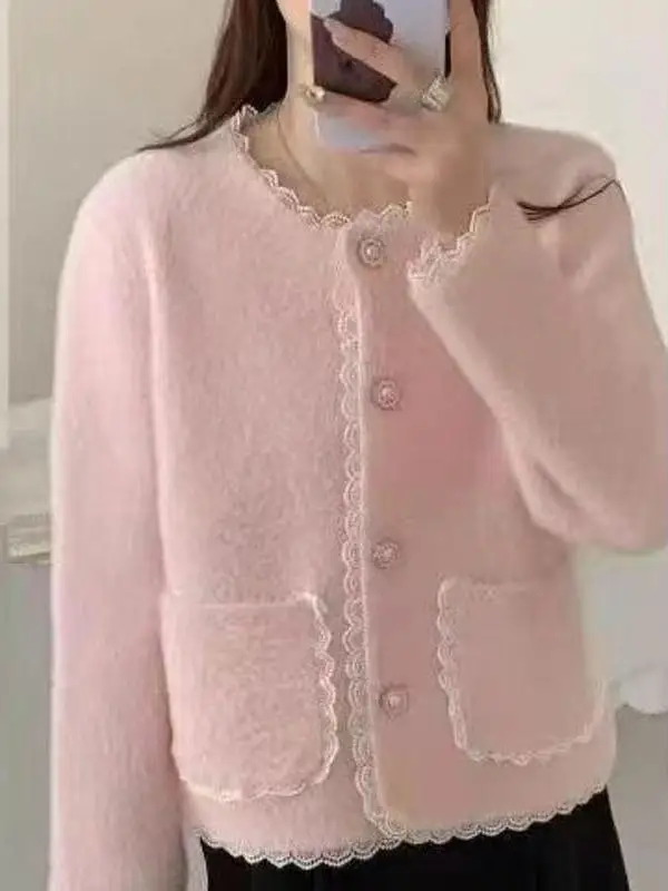 

2025 Autumn Winter New Sle ort Lace Coat for Women Ladylike Versatile Top Stand Fit Long Sve round Ne Button...