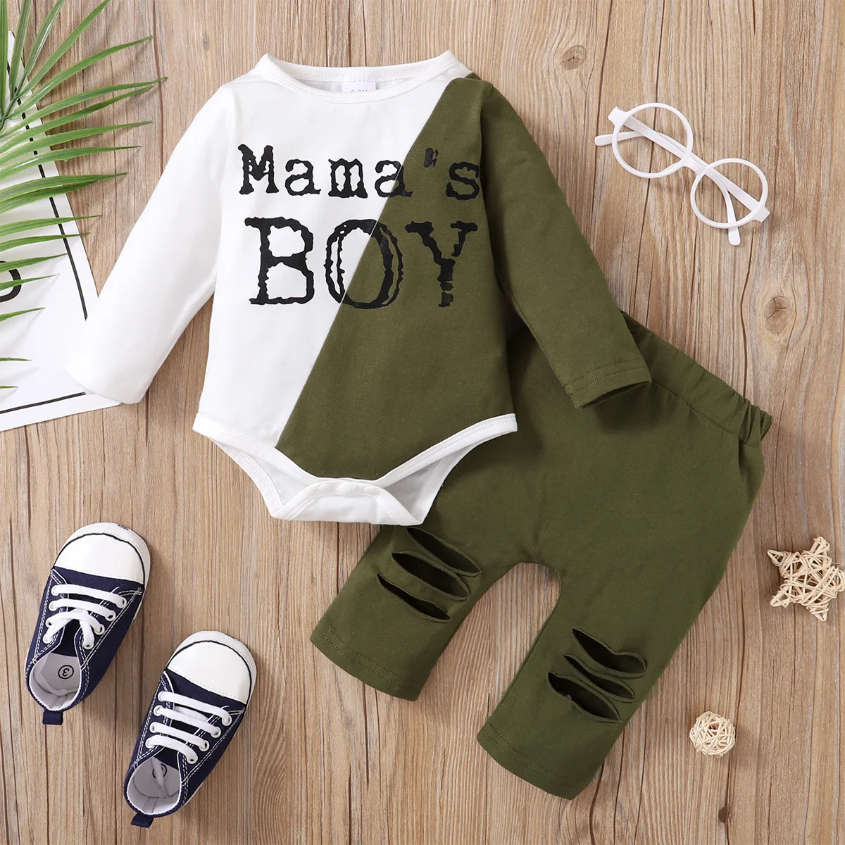 PatPat 2pcs Baby Letter Print Color Block Long-sleeve Romper and Hollow-out Trousers Set