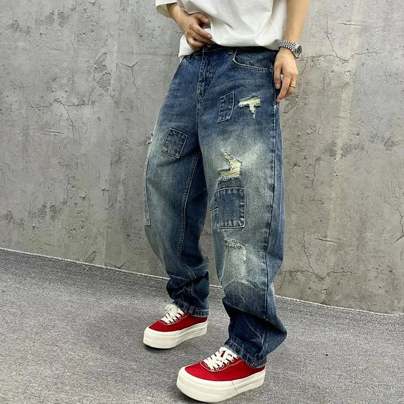 Men's Casual and Cargo Pants Trendy Brand Splicing Ripped Jeans Retro Loose Heavy Washed Patch Tooling Tapered Trousers Pants