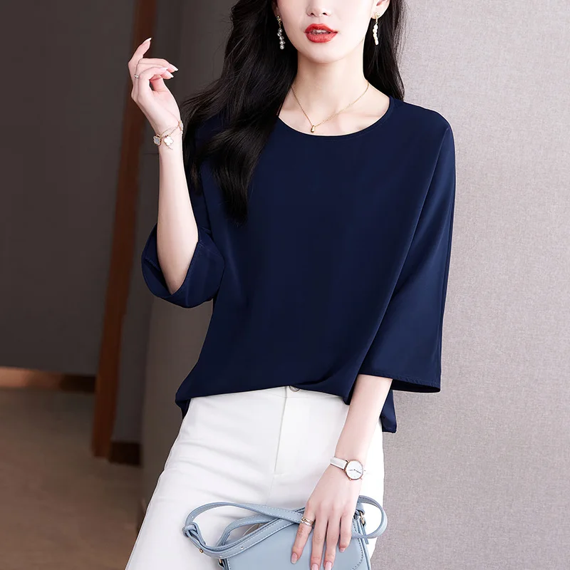 Women Korean Fashion Simple Elegant Temperament Blouse Casual O Neck 3/4 Sleeve Shirt Solid Loose Pullover Tops Blusas De Mujer