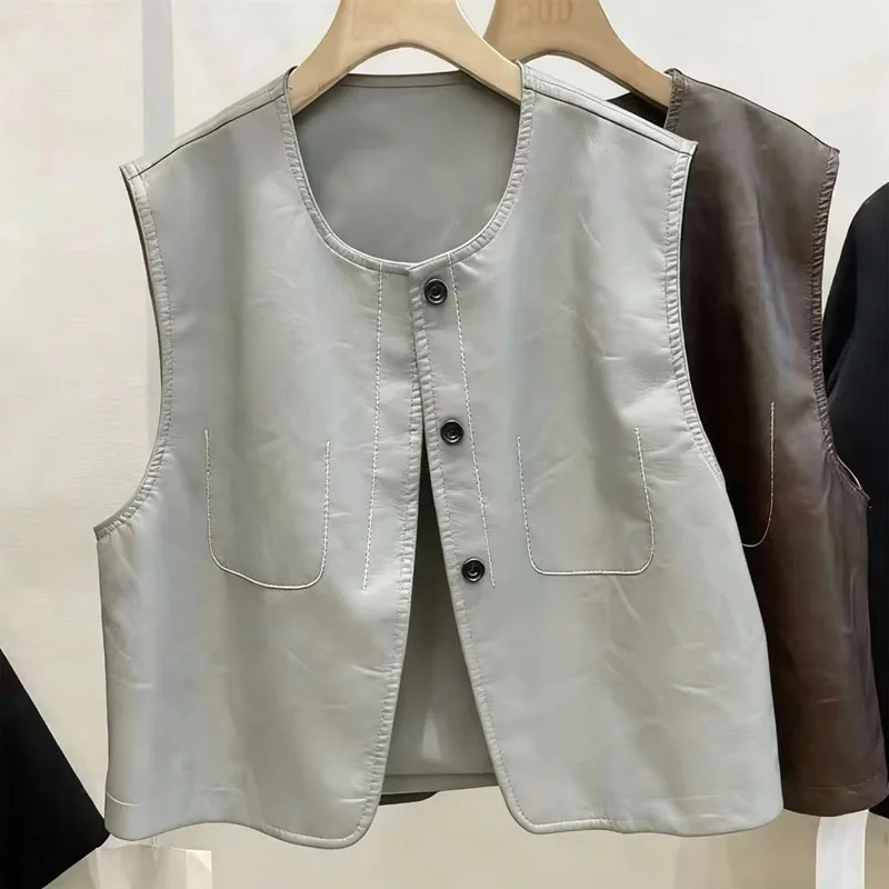 Women's round Neck Single Button PU Leather Jacket Vest Spring Autumn New Style Special Price Short Length Fashion Outerwear
