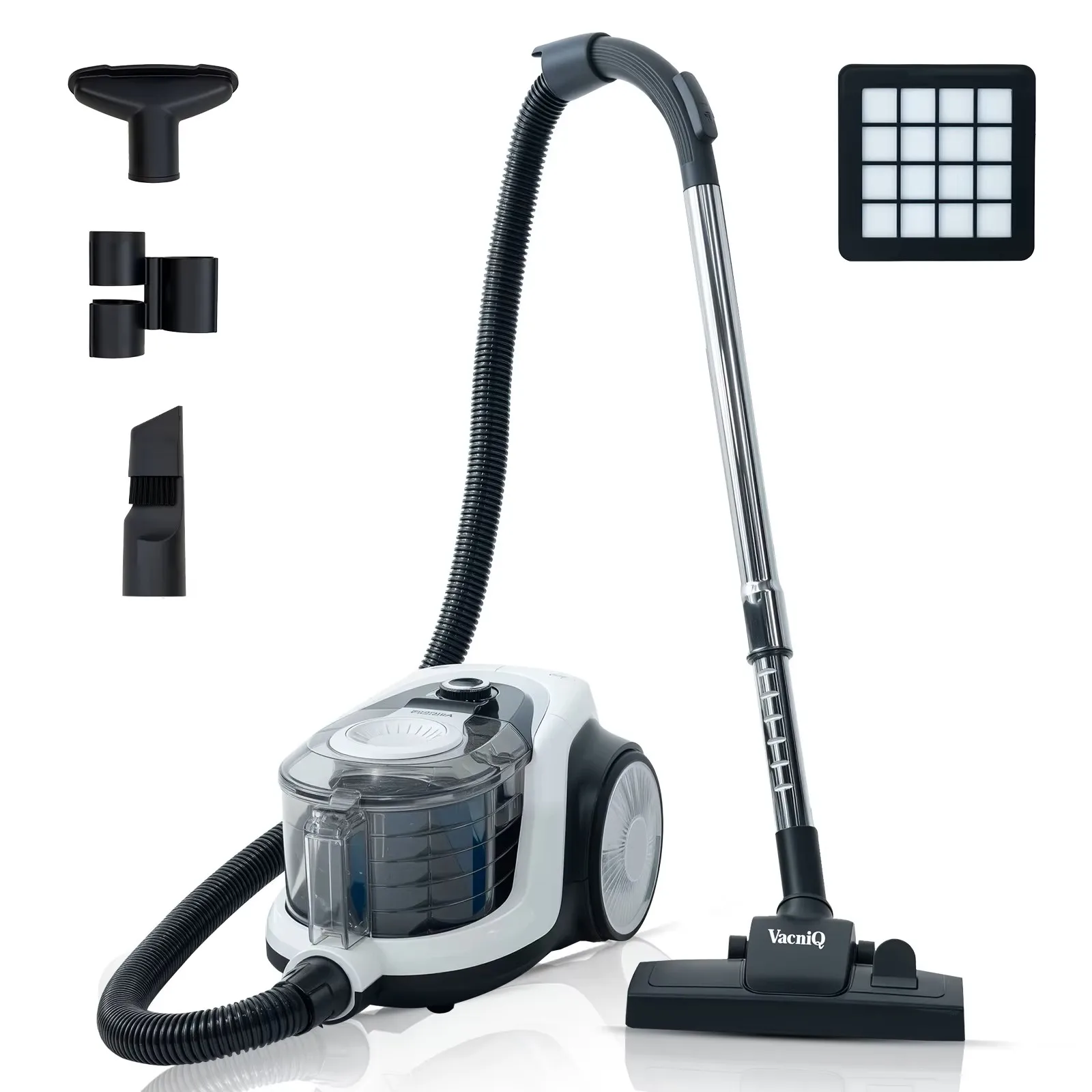 Aspiradora con cable, sin bolsa, alta potencia de succión, compacta y ligera. Apta para suelos duros y alfombras, tecnología ciclónica para alta potencia de succión, 899W.