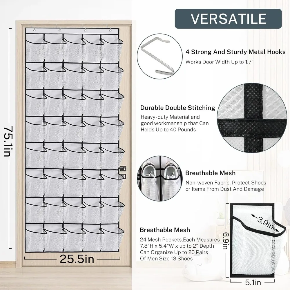 40-Pocket Over Door Shoe Organizer, Hanging Shoe Rack for Closet Door, Non-Woven Fabric, Holds 20 Pairs, White view 3