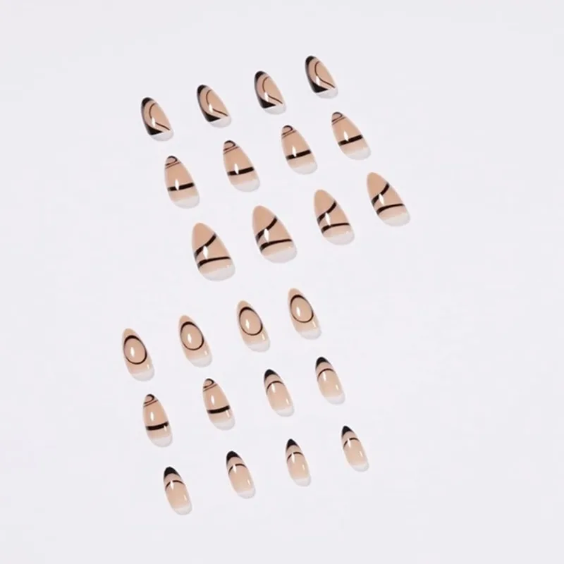 24 PCS  Short Black Press on Nails Almond Cute Tips Swirl Acrylics Full Cover False Nails for Women and Girls