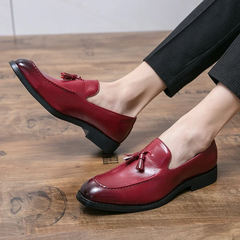 Loafers for Men Wedding Shoes Red Pu Leather Tassels Men Handmade for Men Shoes Zapatos Hombre Vestir