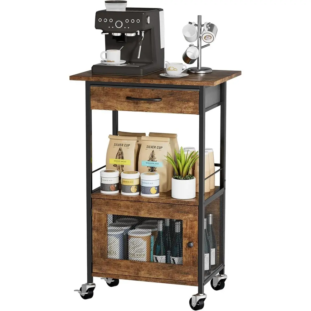 

Rolling Kitchen Rack with Storage Drawer and Door Cabinet - Multi-Purpose Stand for Microwave, Kitchen, Living Room, Entryway