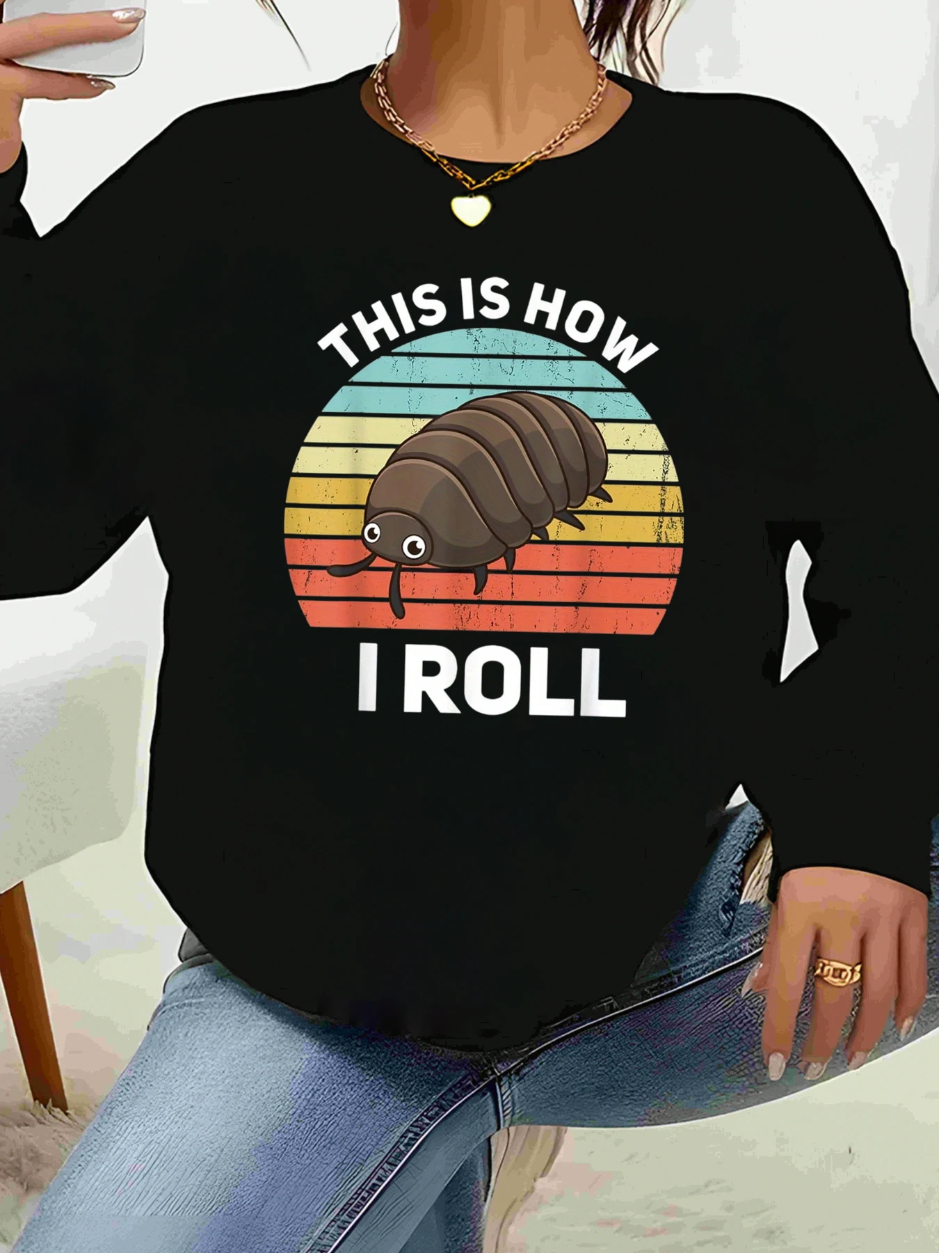 تي شيرت بأكمام طويلة مطبوع عليه This Is How I Roll Pill Bug لملابس غير رسمية على الموضة النسائية