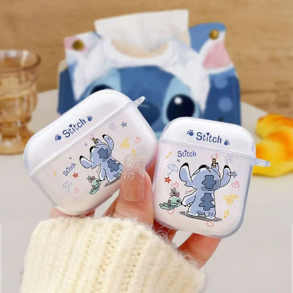 Cute Stitch Cartoon Earphone Case for Apple Airpods Pro3 Pro2 Pro 4 3 2 1 Bluetooth Transparent Protective Cover with Hook