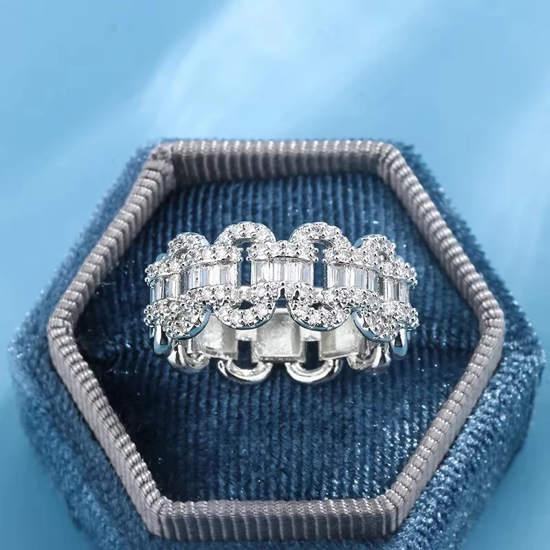 

Huajie Luxury Row Shiny Zircon Rings Mens Women Hip-Hop Street Chain Ring Engagement Wedding Party Dazzling Jewelry