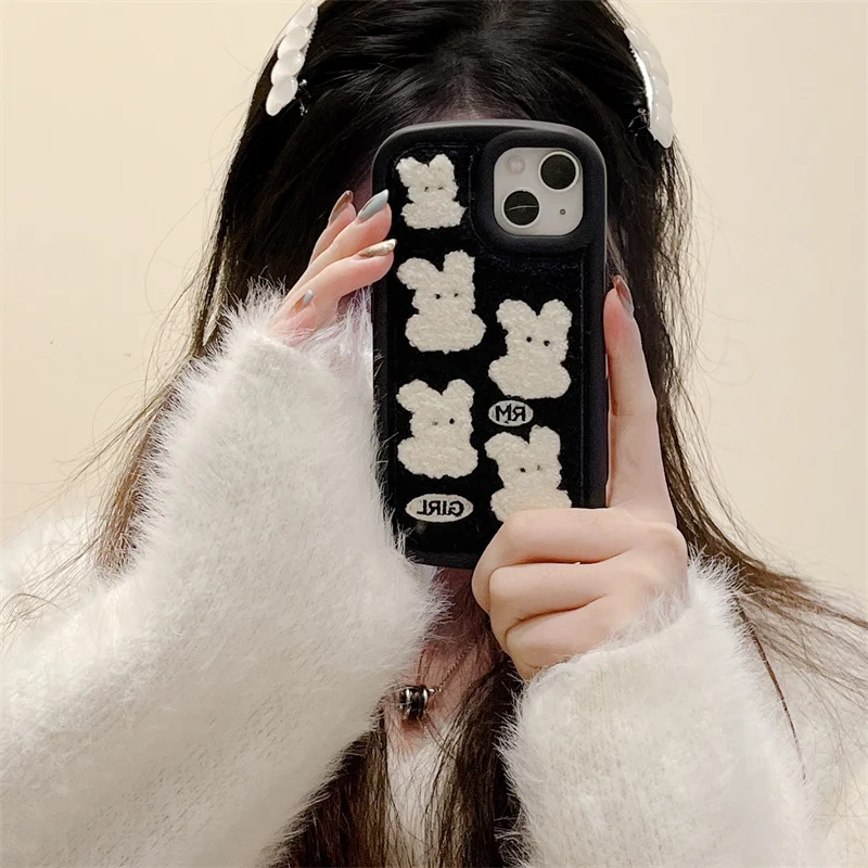 Cute Lovley Rabbit Embroidery Plush Phone Case For iPhone 15 14 13 12 Pro Max 14Pro 11 Soft Furry Cover Fashion Silicone Funda