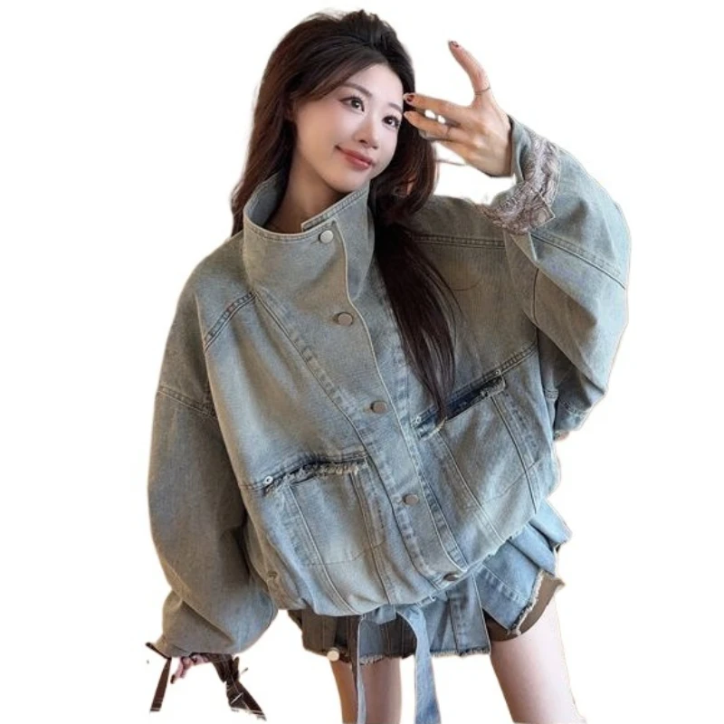 Retro Highly Stylish and High-end Denim Jacket for Women in Spring 2026 Featuring A Laid-back Stand-up Collar and Elegant Style