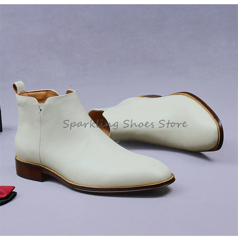 Wedding Dress Boots for Men British Style Pointed Toe Chunky Heel Lace-Up Shorft Boots Male White Genuine Leather Chelsea Boots