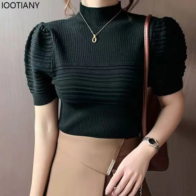 Women's Autumn High-neck Knitted Slim Fit Sweater Topthin Short Puff Sleeve Solid Color Winter Women's Sweater Pullover T-shirt