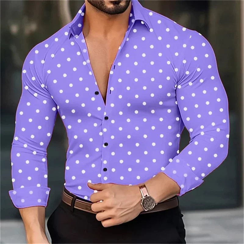 Hawaiian men\'s shirt small polka dot lapel long sleeve shirt luxury high quality clothing designer design stylish casual