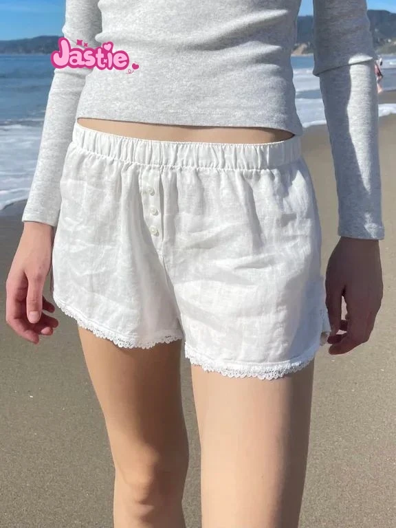 Sweet Cute White Shorts Woman 2024 Summer Lace Trim Buttons Elastic High Waist Straight Short Pants Casual Y2k Home Underwear