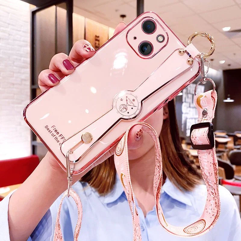 

Plating Phone Capa Case For iPhone 14 14 Plus 14Pro 14 Pro Max Luxury Shoulder Wrist Strap Bracket Soft Cover