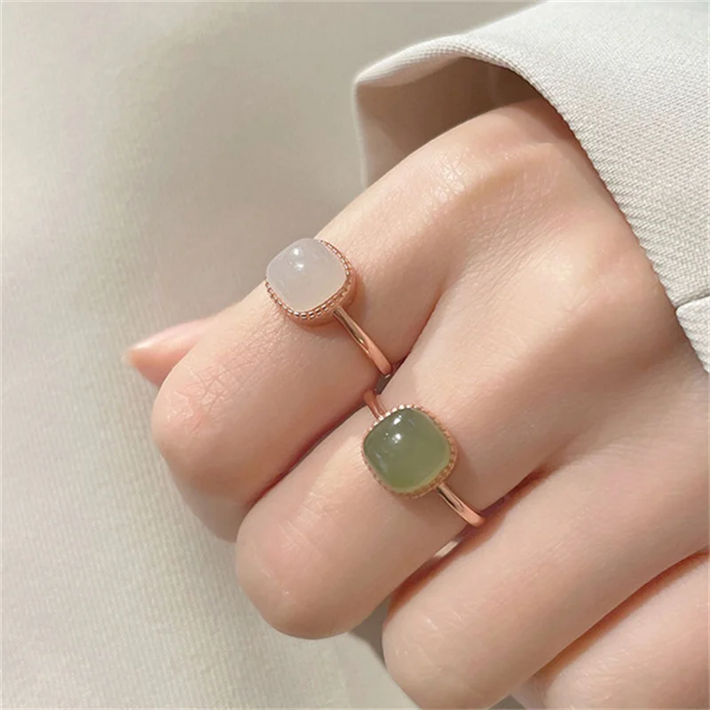 1PC Vintage Artificial Jade Square Ring Autumn Winter Chinese Style Crystal Geometric Finger Ring For Women Fashion Jewelry Gift