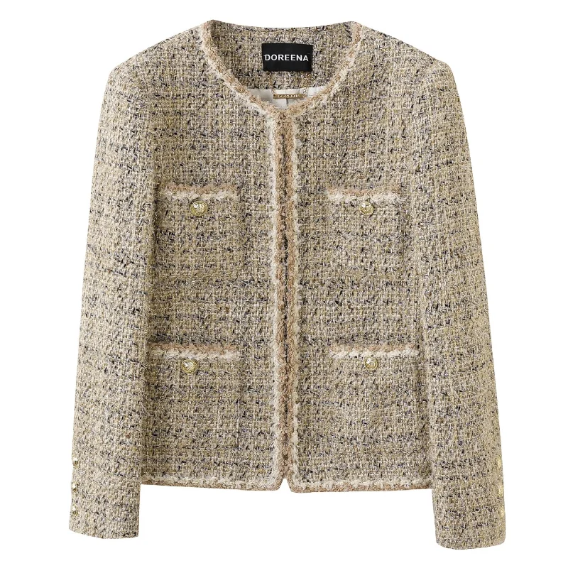 

Осенне-зимнее ароматное короткое пальто высокого качества с круглым вырезом и длинными рукавами, женское легкое роскошное золотое свободное французское твидовое пальто