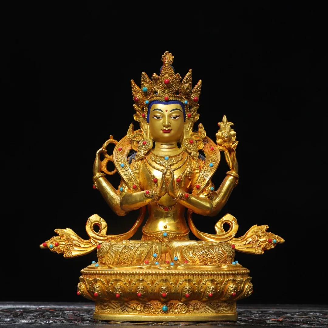 Old Bronze Gilded Painted Face Mosaic Gem Four armed Guanyin Sitting Buddha Double Lotus Terrace Amitabha Amass wealth Ornaments