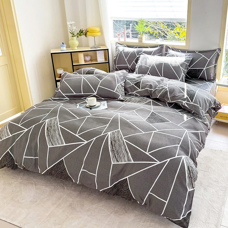 1PC Dark Gray Geometric Pattern Duvet Cover, White Line Design Bedding for Modern Minimalist Bedroom Decor