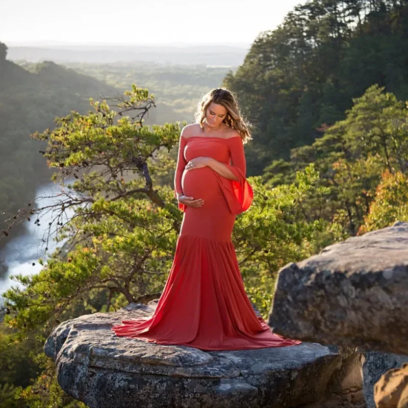 Bufiaste rękawy suknia ciążowa bez ramion długa fotografia ciążowa sesja zdjęciowa eleganckich kobiet sukienki w stylu syreny Baby Shower