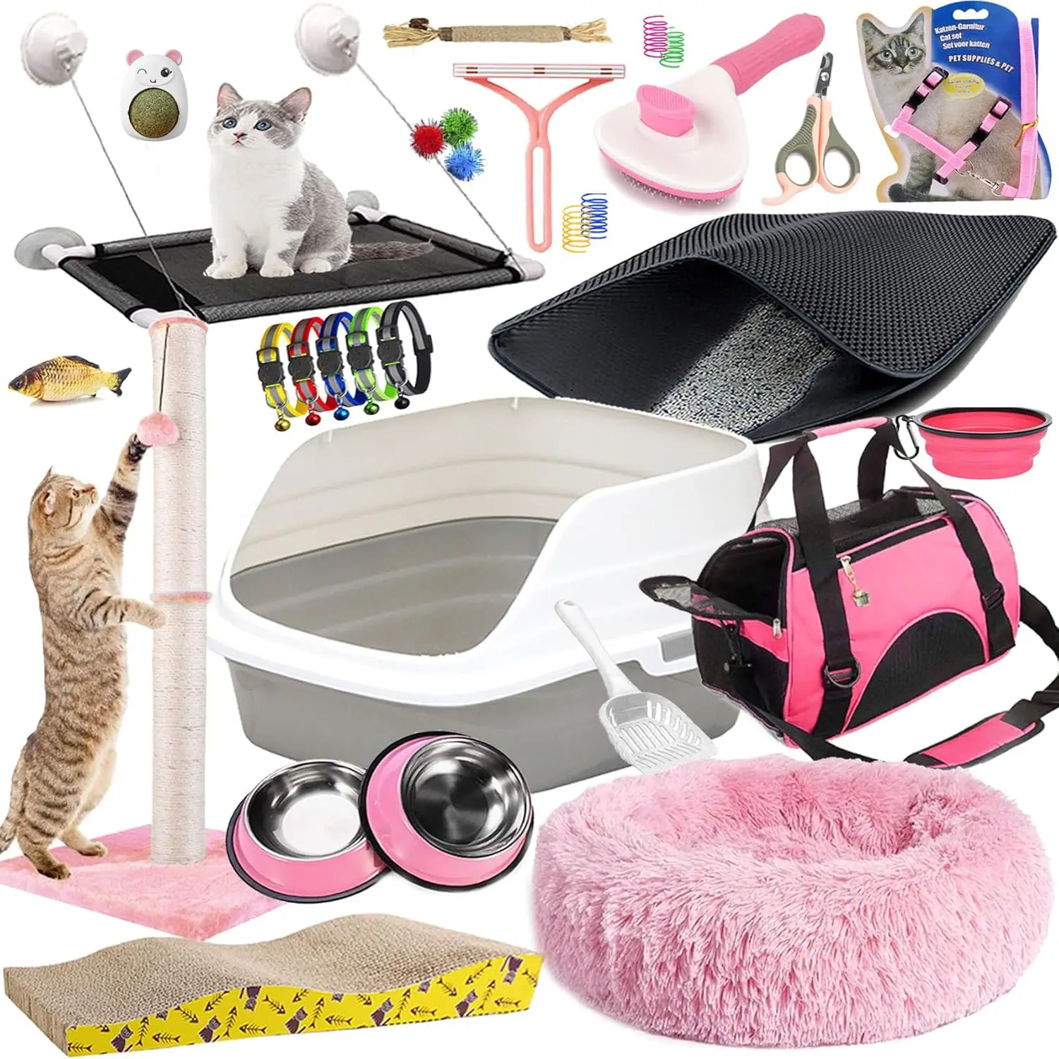 Cat Essentials Box com caixa de lixo Cat Essentials, brinquedos, cama, transportadora, tigelas